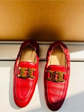Tod's Red Leather Loafers with Gold Chain Accent